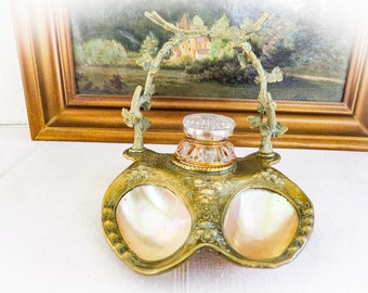 Antique Palais Royal Bronze Inkwell Pen Holder with Mother of Pearl Shell Trinket Holders