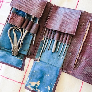 Antique French Sewing Kit with Necessaries: Scissors, Corset Boot Hook, Bodkin, Needles, Ear Spoon Leather Case