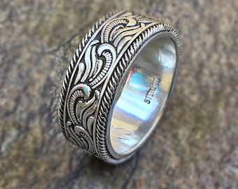 Paisley Silver on Silver Engagement Wedding Ring Art Deco Ring Western Ring Hippie jewelry Ring Rustic Wedding Band cowgirl cowboy ring