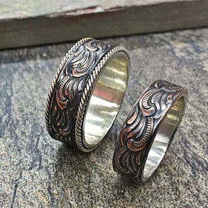 Paisley Silver Copper Engagement Wedding Ring Set His Hers Art Deco Ring Western Ring Hippie jewelry Ring Rustic cowgirl cowboy ring Band