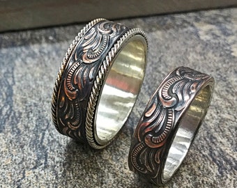 Paisley Silver Copper Engagement Wedding Ring Set His Hers Art Deco Ring Western Ring Hippie jewelry Ring Rustic cowgirl cowboy ring Band