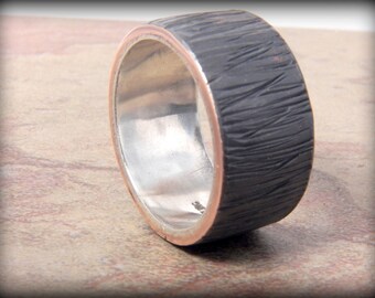 Blackened Copper and Sterling Silver rustic engagement wedding ring Copper lined with Silver