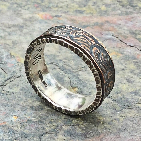 Western Rustic Ring Paisley Silver Copper Engagement Wedding Ring Boho Hippie jewelry Ring Rustic Wedding Band cowgirl cowboy ring