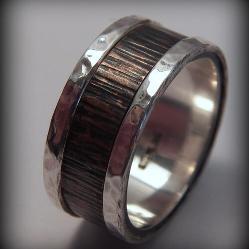 Mens Wedding Band Rustic Fine Silver and Copper Ring Etsy