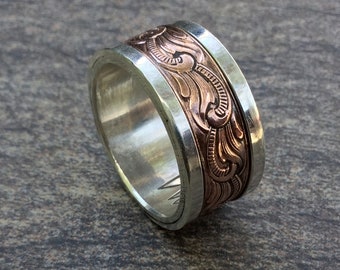 Handmade Paisley Copper Ring: Sterling Silver Sleeve, Rustic Wedding Band