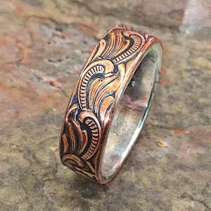 Paisley Copper Ring: Sterling Silver Sleeve, Art Deco Wedding Band