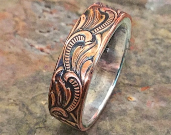 Paisley Silver Copper Engagement Wedding Ring Art Deco Ring Western Ring Hippie jewelry Ring Rustic Wedding Band cowgirl cowboy ring
