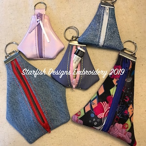 LINED - In the Hoop ITH Triangle Key Fob Pouch Zipper Bag BOTH 4x4 & 5x7 Embroidery Design Key Chain Zipper Pouch - Lined - No Raw Edges