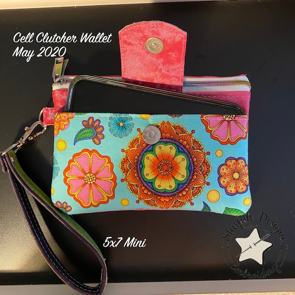 5x7 ONLY - Cell Clutcher Wallet w/3 credit card slots - In the Hoop Zipper Bags and Wallets - Lined 5x7 Crossbody Bag Embroidery