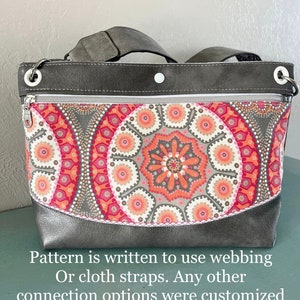 May include: A gray fabric bag with a zippered top and a colorful patterned fabric lining. The bag has a strap that can be worn over the shoulder or across the body. The text on the image reads: "Pattern is written to use webbing Or cloth straps. Any other connection options were customized by the tester and included to show the diversity of the bag."