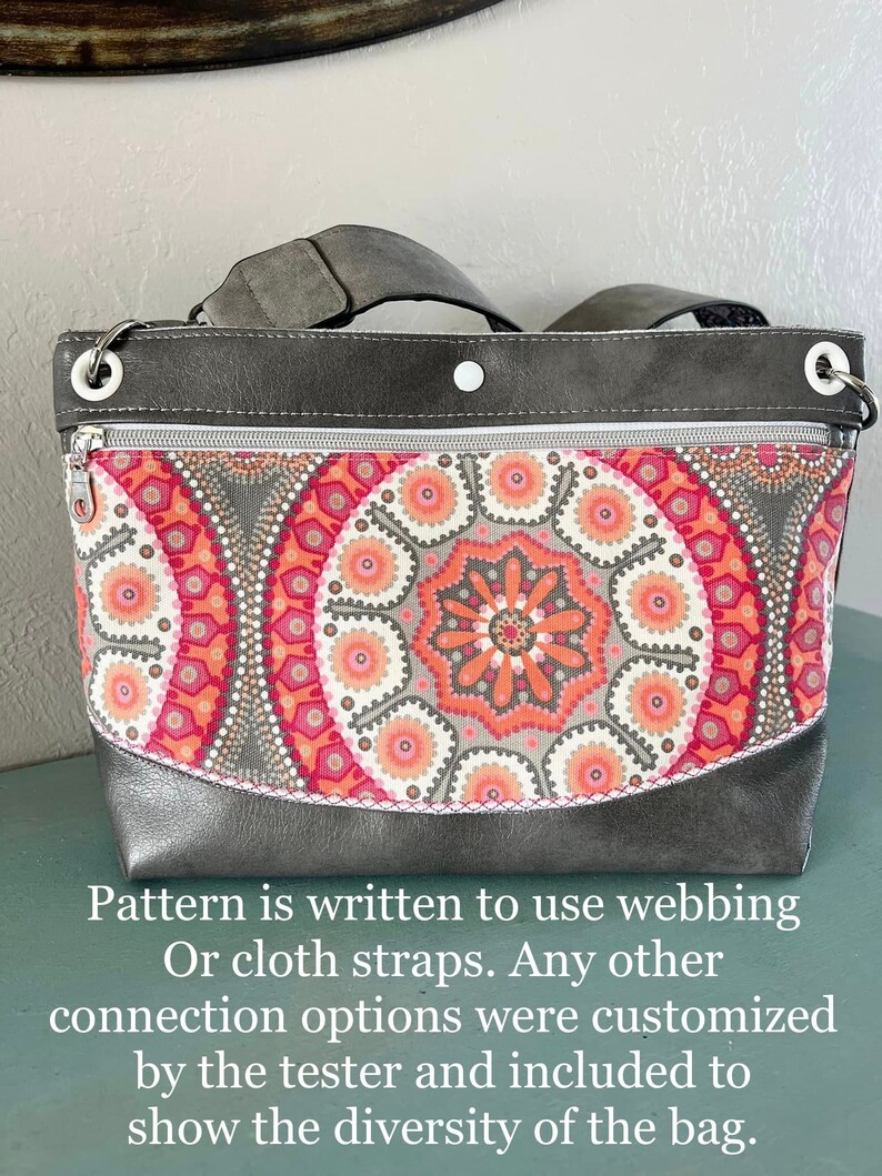 May include: A gray fabric bag with a zippered top and a colorful patterned fabric lining. The bag has a strap that can be worn over the shoulder or across the body. The text on the image reads: "Pattern is written to use webbing Or cloth straps. Any other connection options were customized by the tester and included to show the diversity of the bag."