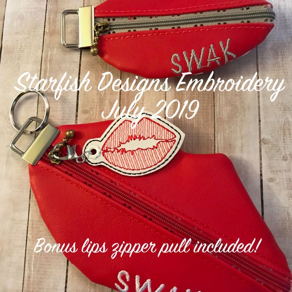 Lips Key Fob Pouch - Unlined - In the Hoop ITH Key Fob Pouch Zipper Bag 4x4 and 5x7 Embroidery Design Key Chain Zipper Pouch - w/Bonus