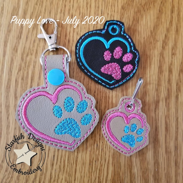 In the Hoop Puppy Love Snap Tab Eyelet Key Fob Embroidery Design Digital Download Puppy Paws Dog Paws Heart