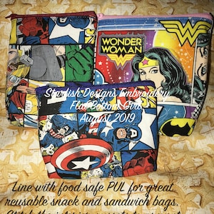 May include: Three zippered pouches made from fabric with comic book character designs. The pouches are lined with food safe PUL for reusable snack and sandwich bags. The pouches have interior gussets to prevent crumb trappage. The pouches feature Wonder Woman, Captain America, and a group of superheroes including Thor and Hulk.