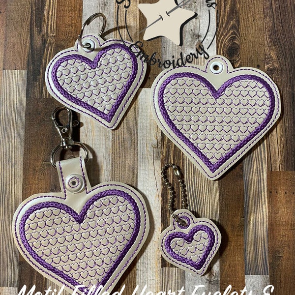 BUNDLE - Motif Filled Heart Applique Eyelet Snaptab keyfobs zipper pull charms - 4x4 Hoop - 5 sizes of Eyelet and 1 Snaptab