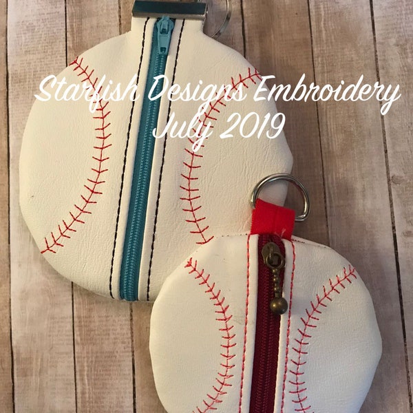 Baseball Zipper Pouch 4x4 and 5x7 - Unlined - In the Hoop ITH Key Fob Pouch Zipper Bag 4x4 Embroidery Design Key Chain  - Baseball