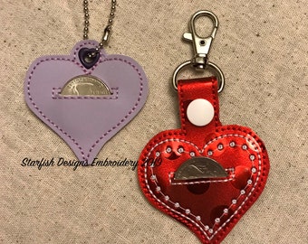 In the Hoop Heart Quarter Holder Keeper ITH Heart Key Fob Snap Tab 4x4 and 5x7 Multi