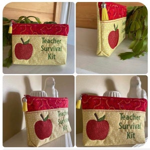以下が含まれることがあります： 赤いリンゴと「Teacher Survival Kit」の刺繍が施された、黄色と赤のファブリック製のジッパー付きポーチです。