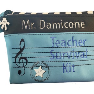 Flat Bottom Music Teacher&#39;s Survival Kit  Zipper Pouch - 2 Hoop Sizes - 5x7 and  6x9 - In the Hoop Embroidery Design Digital Download