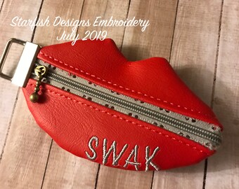 4x4 ONLY - Unlined - In the Hoop ITH Key Fob Pouch Zipper Bag 4x4 Embroidery Design Key Chain Zipper Pouch - Lips