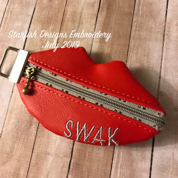 4x4 ONLY - Unlined - In the Hoop ITH Key Fob Pouch Zipper Bag 4x4 Embroidery Design Key Chain Zipper Pouch - Lips