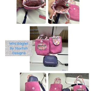 May include: Pink mini baglets with a handle and a snap closure. The baglets have a Pride design and are lined with a colorful pattern. The text "Mini Baglet By Starfish Designs" is also visible.