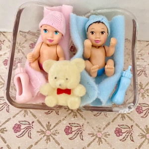 May include: Two baby dolls, one in a pink hat and blanket, the other in a blue hat and blanket, sit in a clear container. A small yellow teddy bear with a red bow tie is between them. Pink and blue baby bottles are also present.