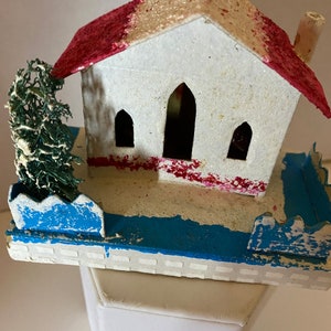 Vintage Christmas Village Decoration Mica Putz Paper Cardboard House Tree Japan