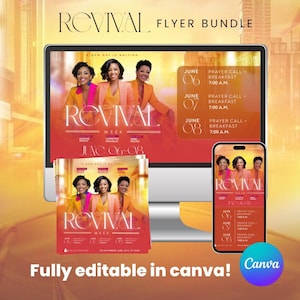 May include: A digital flyer bundle featuring the word "REVIVAL" in a stylized font, with images of three women in colorful blazers. The flyer includes event details for June 6-8, with the text "Fully editable in canva!"