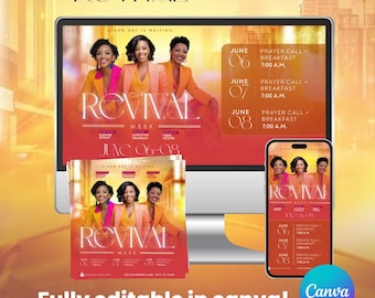 May include: A digital flyer bundle featuring the word "REVIVAL" in a stylized font, with images of three women in colorful blazers. The flyer includes event details for June 6-8, with the text "Fully editable in canva!"