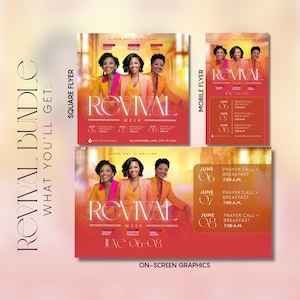 May include: A promotional bundle of on-screen graphics for "Revival Week." The design features three women in colorful blazers, with the text "Revival Week" and event details. Includes square and mobile flyer designs.