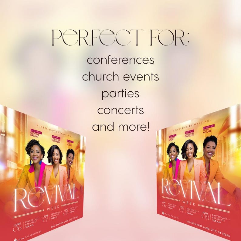 May include: Two promotional posters for "Revival Week" featuring three women in bright attire. The posters are angled, with the text "Revival Week" prominently displayed. The background is a gradient of warm colors, and the text "Perfect For: conferences, church events, parties, concerts, and more!"