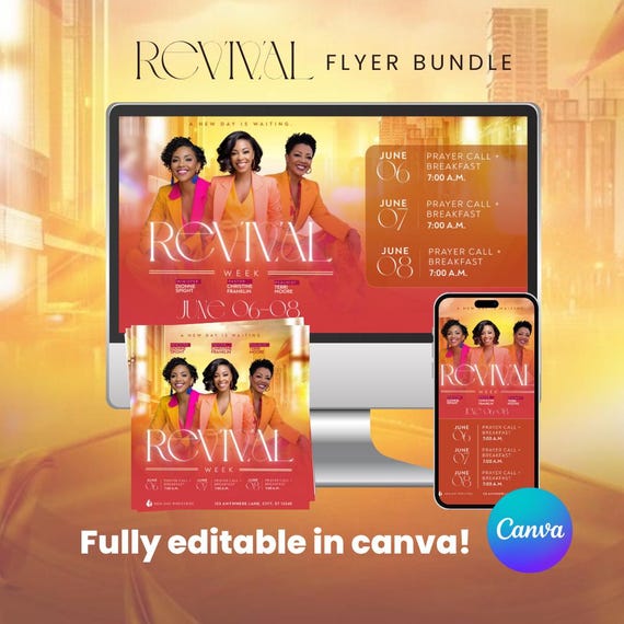 Revival Canva Church Flyer Bundle perfect for Conferences, obituaries, church anniversary, Itinerary, event social media graphics and more