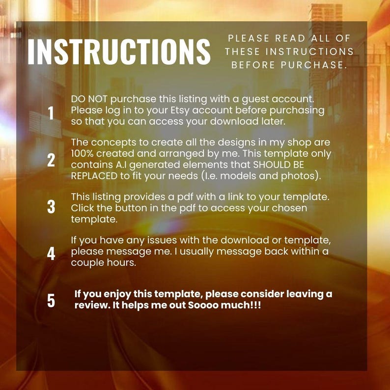 May include: A digital product image with the word "INSTRUCTIONS" in large white letters. The image provides instructions for a digital template, including how to access the download and contact the seller for support. The background has a blurred cityscape.