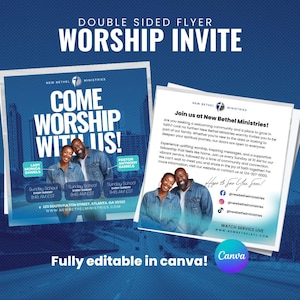 May include: A double-sided flyer with a blue and white design, promoting a worship event. The flyer includes the text "COME WORSHIP WITH US!" and features images of people. The flyer also includes contact information and the text "Fully editable in canva!"