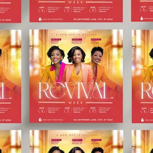 May include: A promotional flyer for a "Revival Week" event. The design features three women in colorful blazers, with the word "REVIVAL" in large letters. The flyer includes dates, times, and location details for the event.