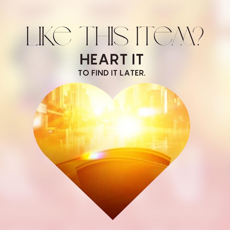 May include: A heart-shaped graphic with a cityscape and bright yellow and orange hues. The text "LIKE THIS ITEM? HEART IT TO FIND IT LATER" is displayed in a stylized font above the heart.