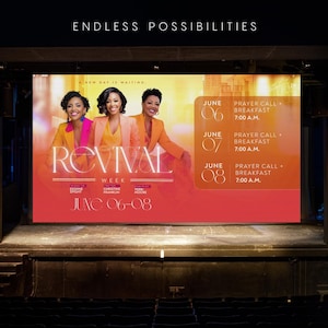 May include: A promotional poster for a Revival Week event, featuring three women in colorful blazers. The poster includes the text "REVIVAL WEEK" and the dates "JUNE 06-08", along with the times and activities.