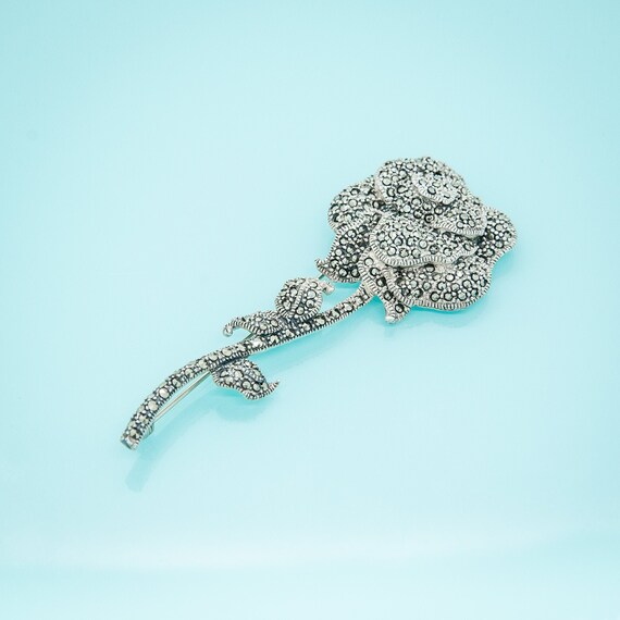 Marcasite Rose Brooch. Vintage 925 Sterling Silve… - image 1