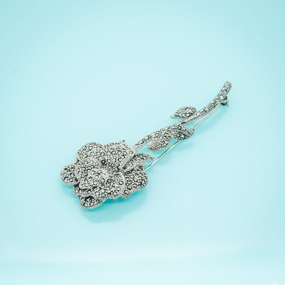 Marcasite Rose Brooch. Vintage 925 Sterling Silve… - image 3