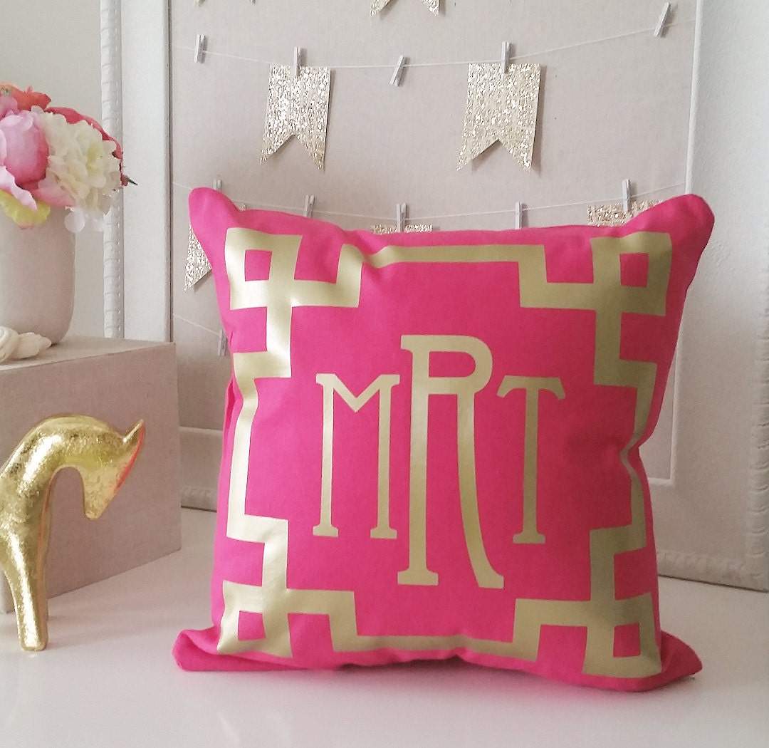 SALE Monogram Throw Pillow Cover Hot Pink Metallic Gold or Etsy