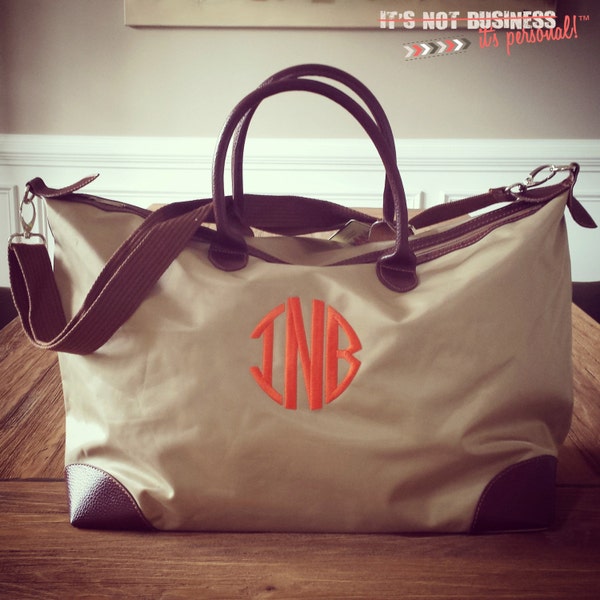 SEASONAL ITEM - Tan Overnight Tote - Monogram Embroidered Nylon Weekender Tote Bag