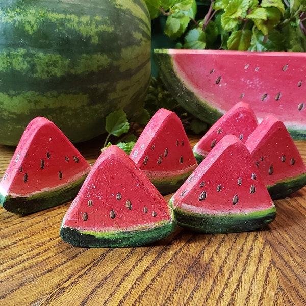 Hand Painted Hand Made Chunky Little Wooden Watermelon,Hand Made Watermelon Stand Decor For Table Top,Hand Painted Wooden 3 inch Watermelon