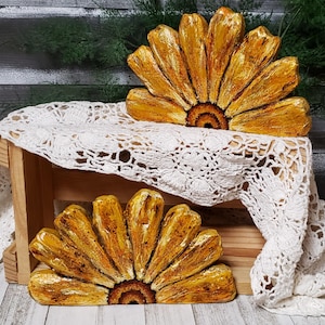 Hand-Painted Wooden Sunflower Wedge by Artist: Chunky Tabletop Decor, Made in USA,