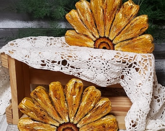 Hand-Painted Wooden Sunflower Wedge by Artist: Chunky Tabletop Decor, Made in USA,