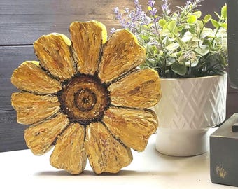 NEW Chunky Sunflower Shelf Sitter,Handmade Hand Painted Wooden All Occasions Sunflower,Unique Textured Rustic Wooden Sunflower Wedge Decor