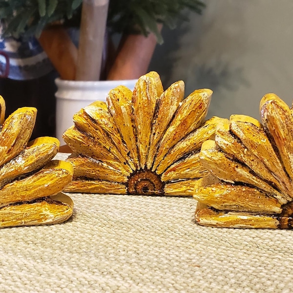 Handmade Wooden Sunflower Wedge by Artist: Rustic Fall Decor (5x3x.75-1 inch),Made in USA,All Seasons Gift
