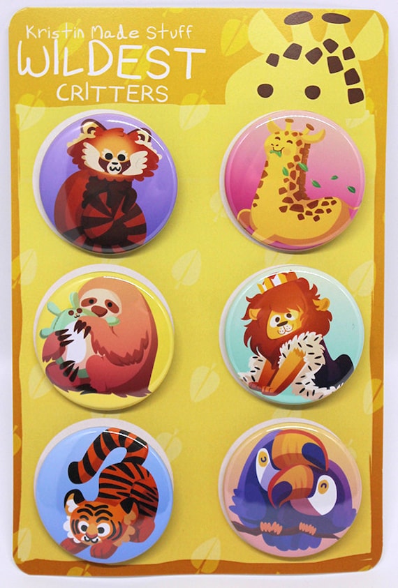 Cute Animal Buttons, cute animal pins, pinback buttons, african animals, red panda, lion king, sloth, tiger, toucan, kawaii, fat animals