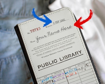 Gepersonaliseerde veganistische leren damesportemonnee - aangepaste vintage bibliotheek vervaldatumkaart ontwerp canvas