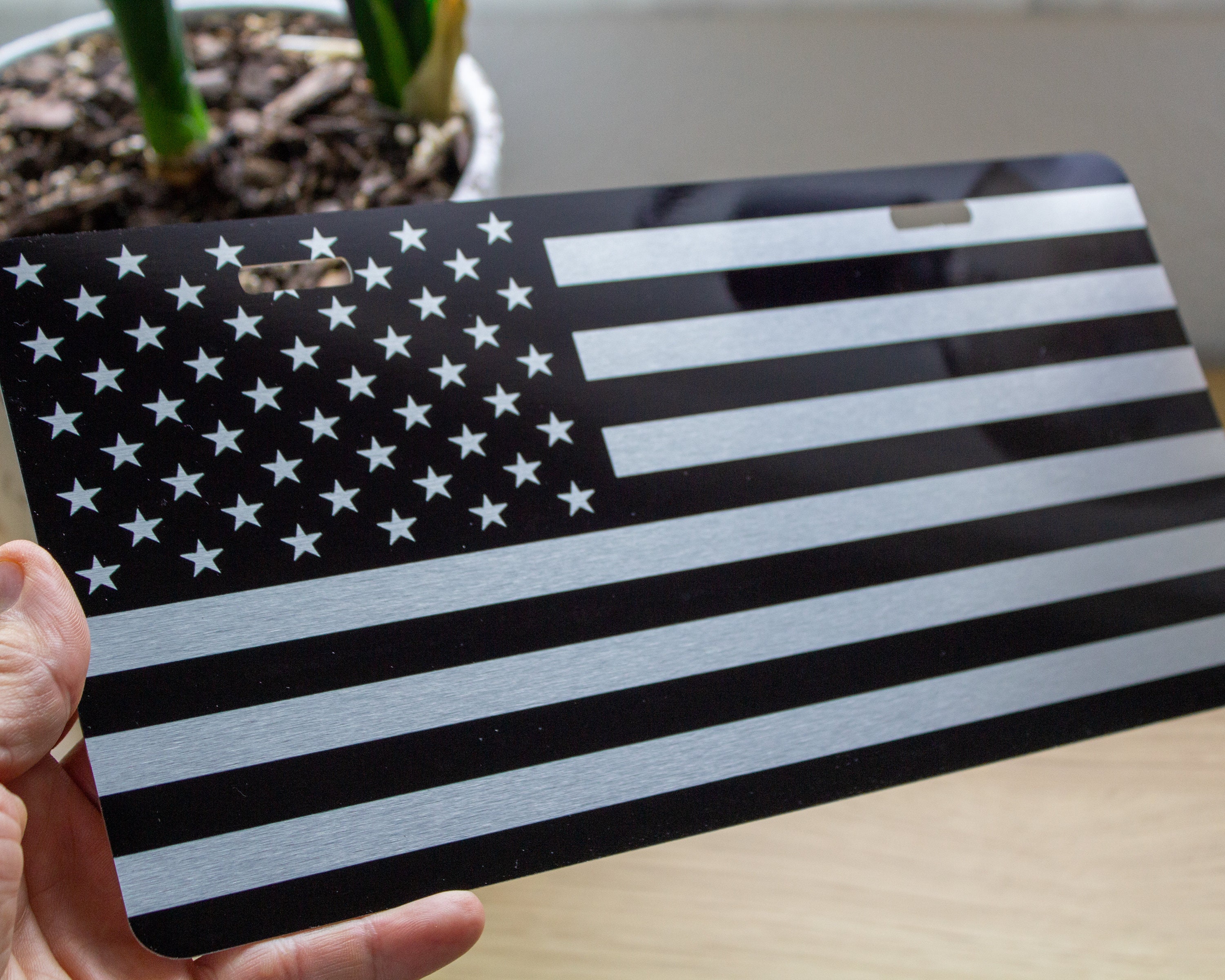Tactical USA Flag Brushed Metal Black and Silver American Flag License Plate